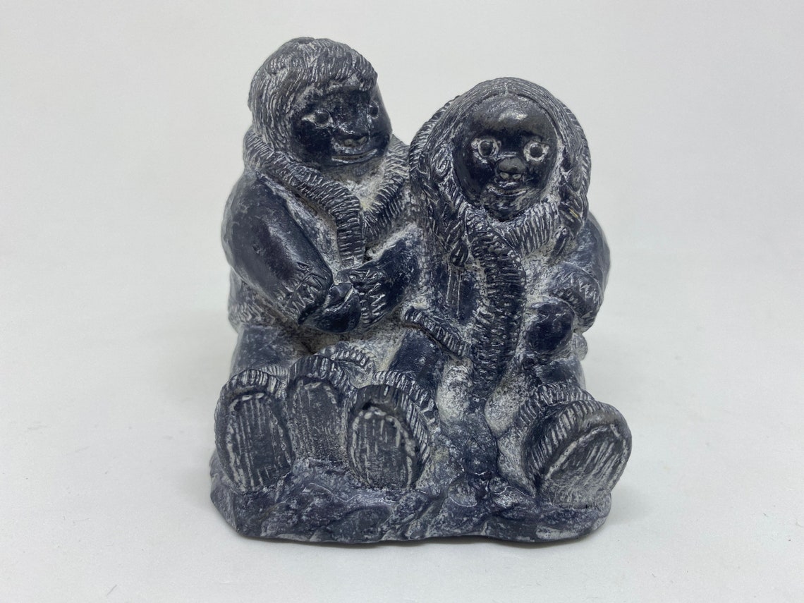 A Wolf Original Sculptures Canada Eskimo Couple Boy and Girl Holding