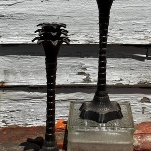 Vintage Pair Of Metal Candleholder With Palm Tree Inspired Design