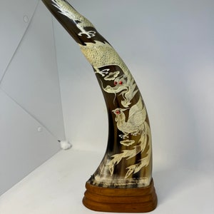 Hand Carved Horn With Dragon and Tiger Design