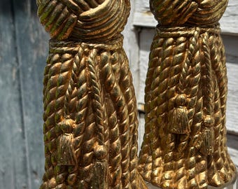 Hollywood Regency Dorothy Draper Style Rope-Tassel Plaster Candle Holders 1970s