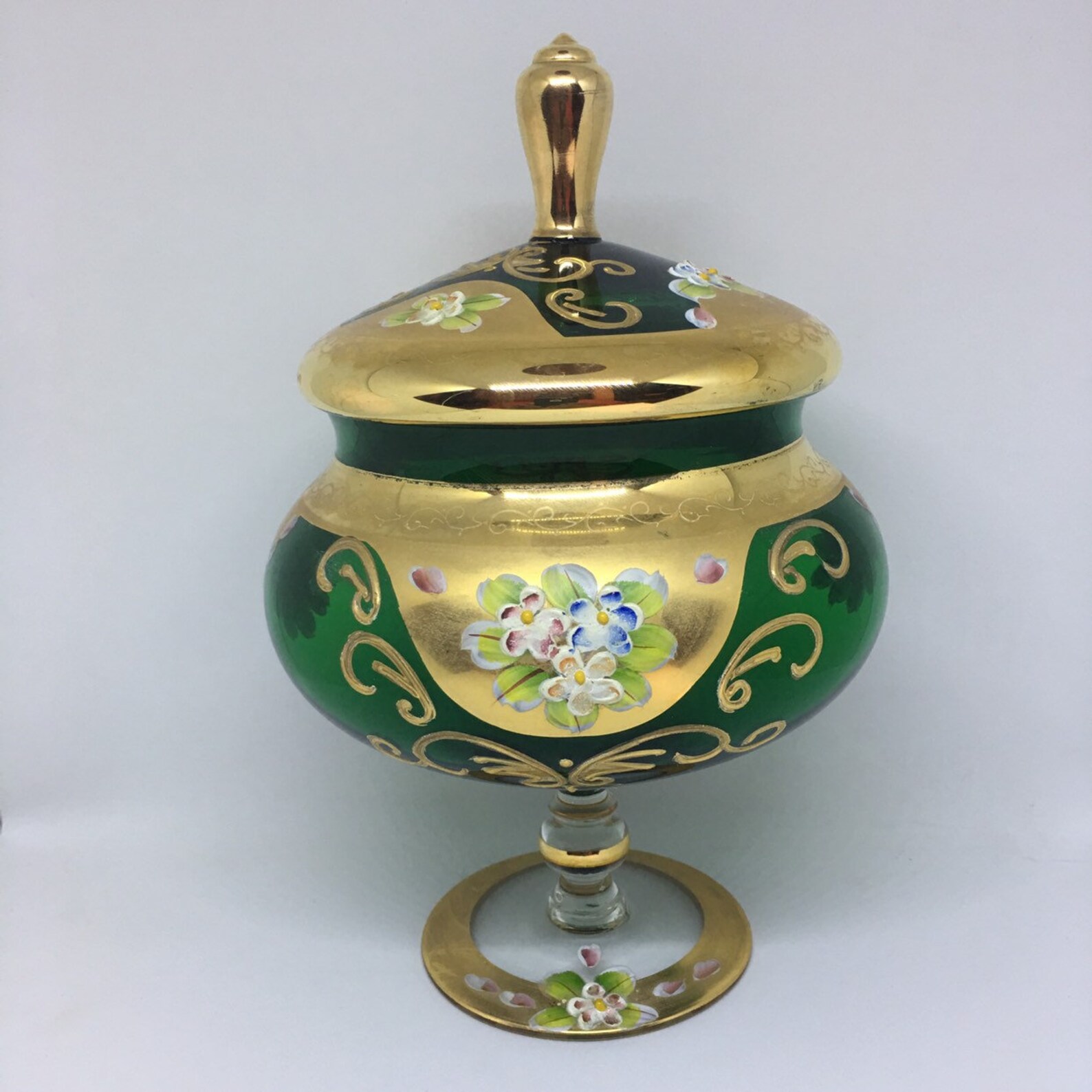 Victorian Footed Candle Dish SEYEI Gold trimmed Green Glass Etsy