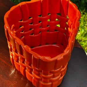 Designer Handmade Orange Ceramic Woven Planter Cache Vintage 1980&#39;s Made in Italy Primo Gi
