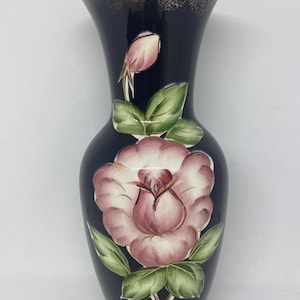 Vintage Handpainted Black Ceramic Vase With Rose trimmed in gold