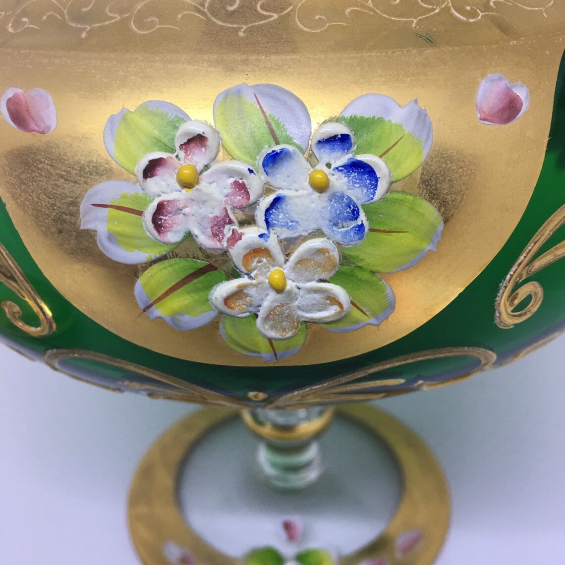 Victorian Footed Candle Dish SEYEI Gold trimmed Green Glass Etsy