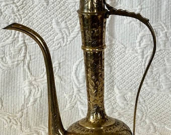 Vintage Indian, Turkish Brass Etched Brass Teapot or Coffee Pot