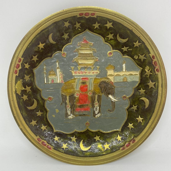 Enamel Hand Painted Brass Wall Art Plate With Elephant From India