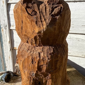 Rare Primitive Solid Wood carved Statue Cat Hand Crafted From Tree Stump