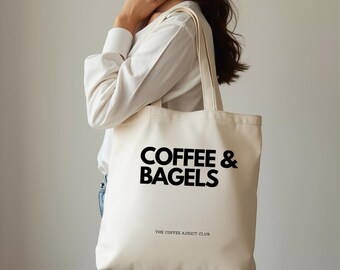 Kaffe- och bagelstygkasse - Kaffeberoende i bomullscanvas, present till kaffeälskare, avslappnad stil, bagelsälskare, återanvändbar matkasse, miljövänlig tygkasse