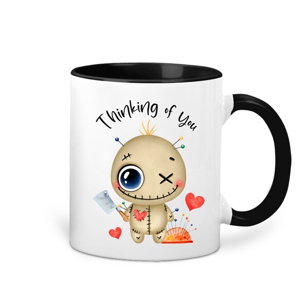 Lustige Kaffeetasse mit Voodoopuppe und Spruch Thinking of you Bedruckter Kaffeebecher Tasse Anti Valentinstag