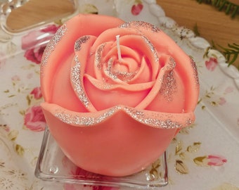 Large rose candle with glitter scented candle rose rose scented candle pink rose blossom made from 100% natural rapeseed wax