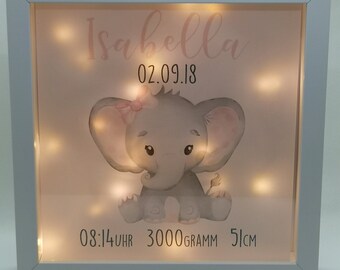 Marco de imagen iluminado marco de luz personalizado regalo de elefante para el nacimiento o bautismo con nombre fecha niña luz imagen luz nocturna