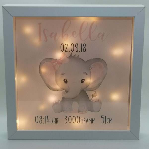 Beleuchteter Bilderrahmen personalisiert Leuchtrahmen Elefant Geschenk zur Geburt oder Taufe mit Namen Datum Mädchen Leuchtbild Nachtlicht