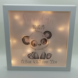 Illuminated picture frame personalized illuminated frame panda bear gift for birth or baptism with name date girl illuminated picture night light