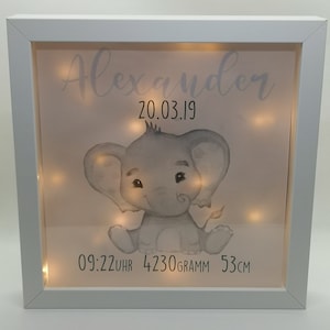 Illuminated picture frame personalized illuminated frame elephant gift for birth or baptism with name date boy illuminated picture night light