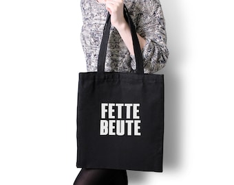 Cotton bag with saying Fette Beute black white Cloth bag Shopping bag printed with motif