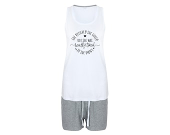 Shorty Pyjama mit Spruch bedruckter Schlafanzug Tanktop und Shorts grau weiß