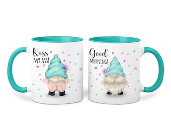 Funny coffee mug with gnome and saying Good Morning / Kiss My Ass turquoise gnome mug bare bottom