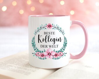 Bedruckte Kaffeetasse mit Spruch Beste Kollegin der Welt Geschenk Tasse mit Blumen Kaffeebecher rosa