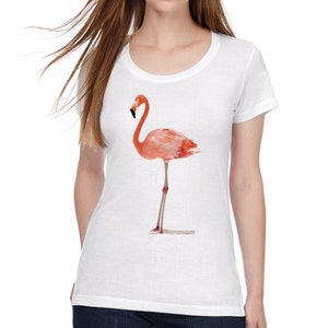 Womens crew neck T-Shirt with pink flamingo print graphic tee white image 1