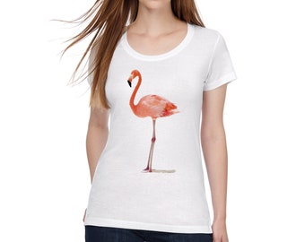 Womens crew neck T-Shirt with pink flamingo print graphic tee white