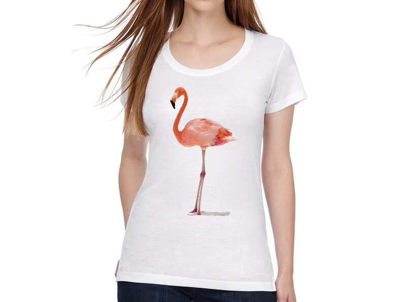 Womens crew neck T-Shirt with pink flamingo print graphic tee white image 1