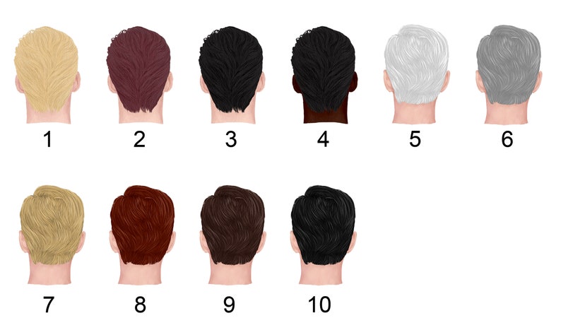 May include: Ten different back views of men's hairstyles, showing various hair colors and styles. The hairstyles are numbered 1 through 10.