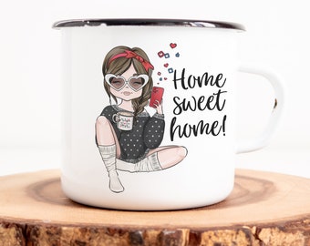 Emaille Tasse mit Motiv und Spruch zuhause daheim ist es am schönsten Tasse bedruckter Kaffeebecher mit Spruch shabby chic