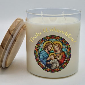 Christian Christmas candle candle in glass Holy Family stained glass motif Merry Christmas Jesus