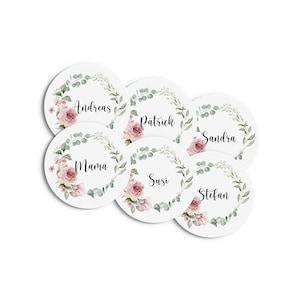 Personalisierte Untersetzer mit Wunschnamen und Rosen Tischdeko Platzkarte Hochzeit Feier Fest Gestgeschenk rosa grün