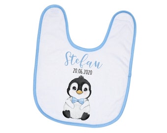 Personalized baby bib penguin with name and date of birth gift for birth baptism