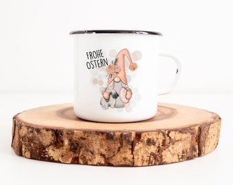 Wichteltasse Emaille Tasse mit Spruch Frohe Ostern bedruckter Kaffeebecher mit Wichteln shabby chic Ostertasse mit Gnom