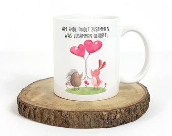 Mug with hedgehog and hare and saying In the end, what belongs together comes together Printed coffee cup Animal motif heart