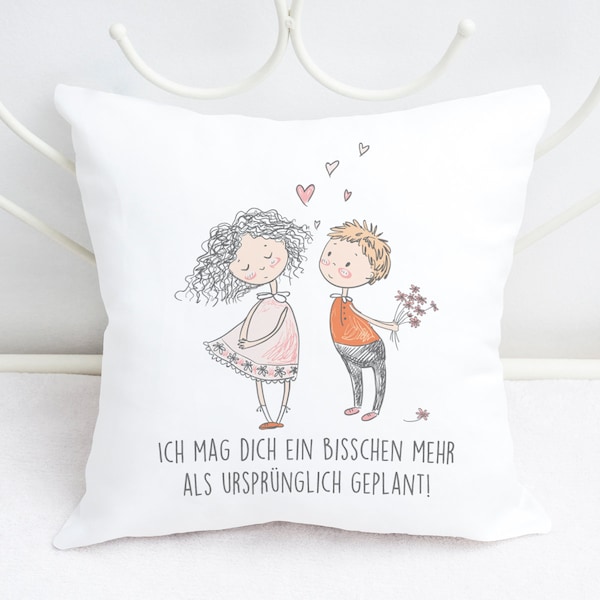 Cushion with couple motif and saying I like you a bit more than originally planned 40 x 40 cm white