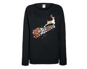 Damen Weihnachts-Sweatshirt mit Rentier Print schwarz gold