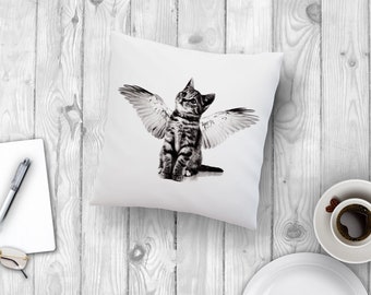 Pillow cat with wings 16“ pillow with print white