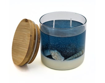 Maritime Kerze im Glas mit Holzdeckel Gelkerze mit Muscheln Meer Strand wachs melts