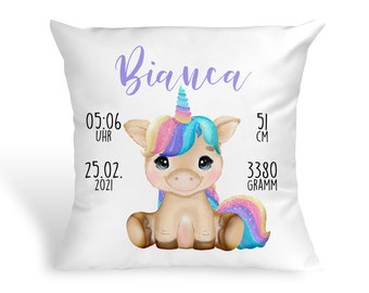 Personalisiertes Kissen mit Baby Einhorn Geschenk zur Geburt oder Taufe mit Namen und Datum Babykissen