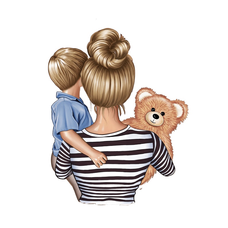 Puede incluir: Una mujer con el pelo rubio en un mo&ntilde;o sostiene a un ni&ntilde;o peque&ntilde;o con el pelo rubio. El ni&ntilde;o lleva una camisa azul claro. La mujer lleva una camisa a rayas blancas y negras. Un oso de peluche marr&oacute;n est&aacute; en el fondo.