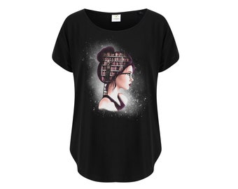 Lockeres Damen Shirt mit Print Mädchen Bücher Gedanken mystisch schwarz weiter Ausschnitt Oversize Gothic