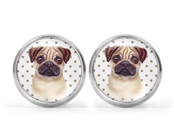 Damen Ohrstecker mit Motiv Mops Punkte Ohrringe Edelstahl silber Ohrschmuck mit Hund Cabochon Tiermotiv