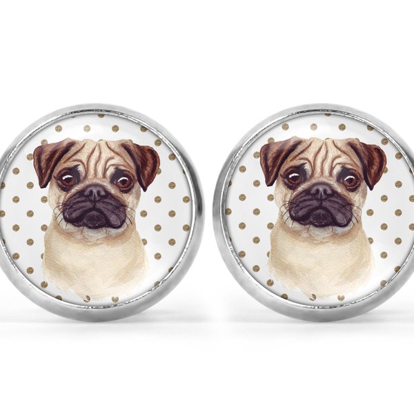 Damen Ohrstecker mit Motiv Mops Punkte Ohrringe Edelstahl silber Ohrschmuck mit Hund Cabochon Tiermotiv