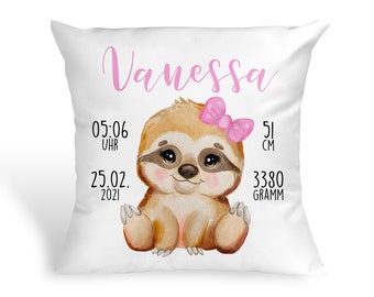 Personalisiertes Kissen mit Baby Faultier Geschenk zur Geburt oder Taufe mit Namen und Datum Mädchen Babykissen