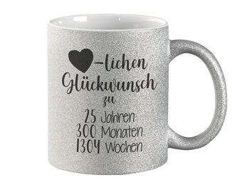 Glitzertasse silber Geschenk zur Silberhochzeit Glückwunsch 25 Jahre Bedruckte Kaffeetasse mit Glitzer Tasse Kaffeebecher