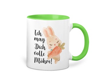 Tasse mit Hase und Spruch Ich mag dich volle Möhre Geschenkidee Bedruckte Kaffeetasse mit Osterhase Ostertasse