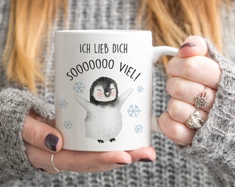 Taza con pingüino y diciendo te quiero mucho Taza de café estampada para San Valentín.