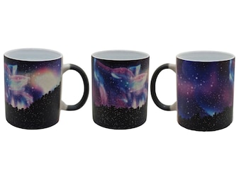 Magic Mug Black with Glitter and Magic Motif Coffee Cup Glitter Cup Northern Lights Wolf Galaxy Color Change Cup