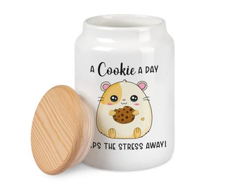 Keksdose mit Hamster und Spruch A cookie a day keeps the stress away Cookiedose Vorratsdose mit Holzdeckel Plätzchendose