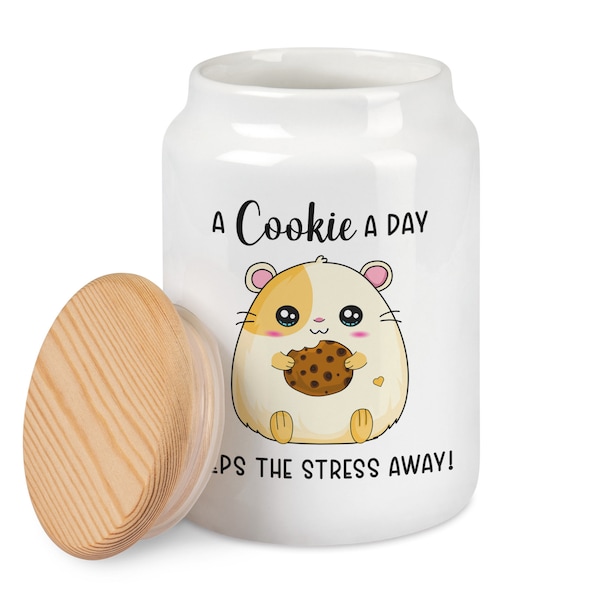 Keksdose mit Hamster und Spruch A cookie a day keeps the stress away Cookiedose Vorratsdose mit Holzdeckel Plätzchendose