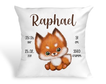 Personalized baby pillow with fox gift for birth or baptism with name and date baby pillow