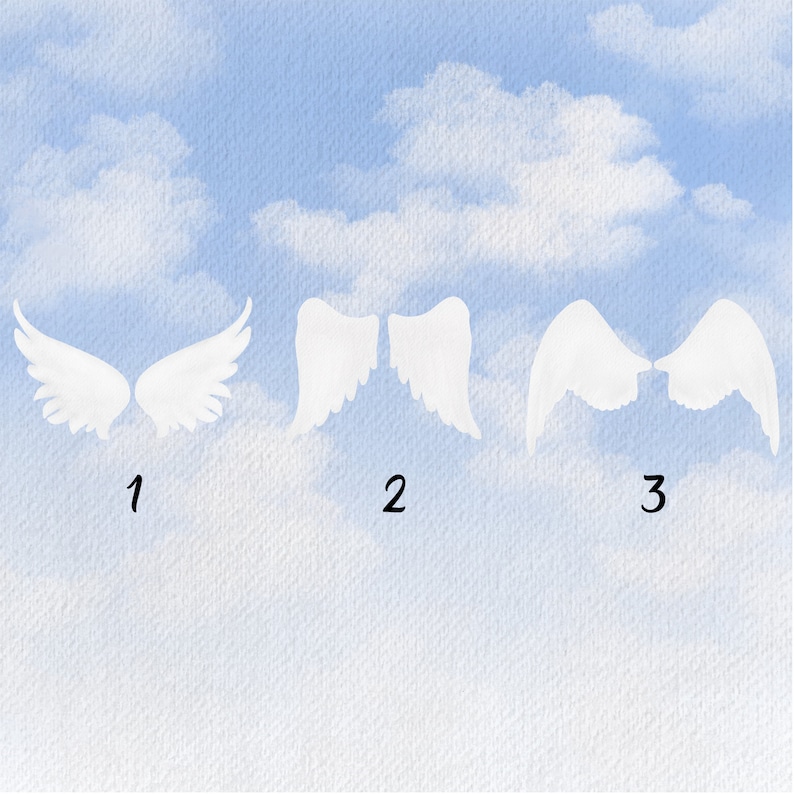 May include: Three different styles of white angel wings against a blue and white cloudy background. The wings are numbered 1, 2, and 3.
